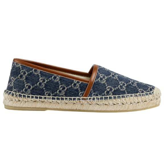 Gucci Jacquard Denim Blue Tea Brown Leather Ivory GG Logo Flat Espadrilles 36 - Picture 1 of 11